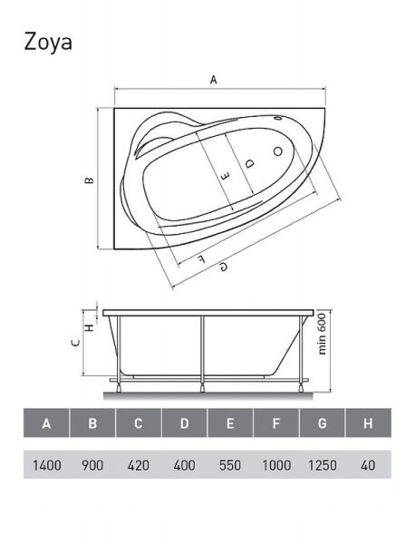 Акриловая ванна Relisan Zoya 140x90 L Гл000001247 без гидромассажа