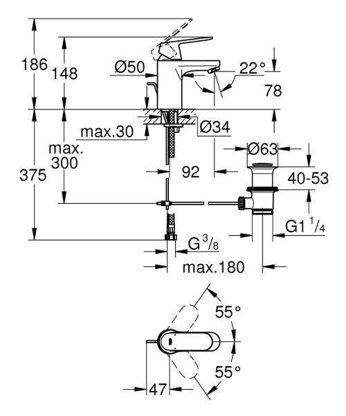 Смеситель для раковины GROHE Eurosmart Cosmopolitan с донным клапаном хром 32825000