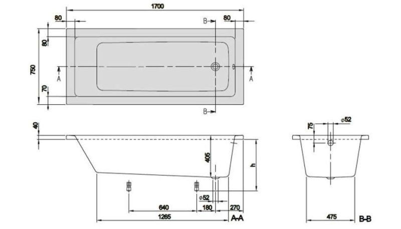 Акриловая ванна Villeroy Boch Targa Plus Solo UBA177NES2V01+U99740000 170х70 см ножки в комплекте