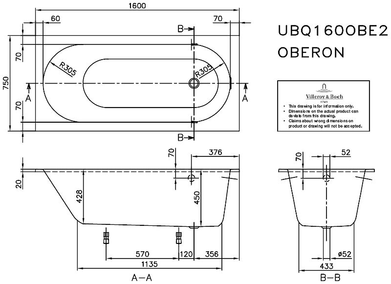 Ванна Villeroy Boch Oberon UBQ160OBE2V-01 160 x 75 см квариловая