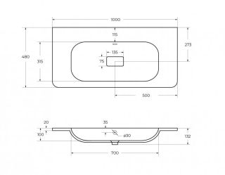 Раковина из искусственного мрамора 100 см CEZARES CZR-1000/480-LV-MR-NV-W0 без отверстия под смеситель