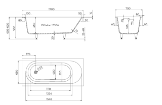 Ванна из искусственного камня Kupala Obereg 170/75 с ножками с сифоном белая матовая