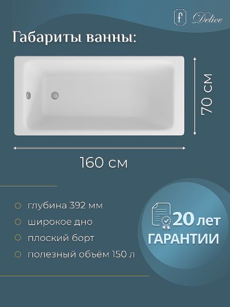 Ванна чугунная Delice Parallel DLR 220504R 160x70 с ручками