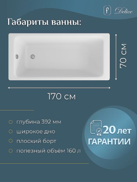 Ванна чугунная Delice Parallel DLR 220505R 170x70 с ручками