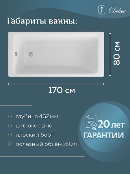 Ванна чугунная Delice Parallel DLR 220502R 170x80 с ручками