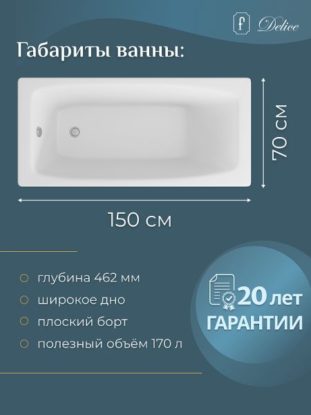 Ванна чугунная Delice Repos DLR 220507R 150x70см белый