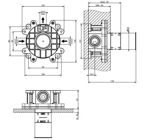 Скрытая часть настенного однорычажного смесителя Gessi 63412.239