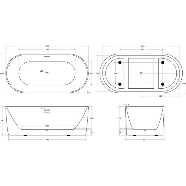 Акриловая ванна BelBagno 170x80 BB411-1700-800 без гидромассажа