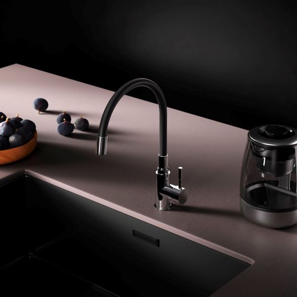 Смеситель для кухни Am.Pm X-Joy S F85B07602 с гибким изливом чёрный/хром