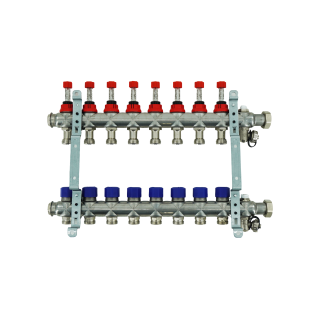 Коллекторная группа, ELSEN, 1, 8 контуров, размер отвода-3/4, PN, бар-4, T°C -от 0 до +70, EMi03.08, с вентилями и расходомерами, нержавеющая сталь