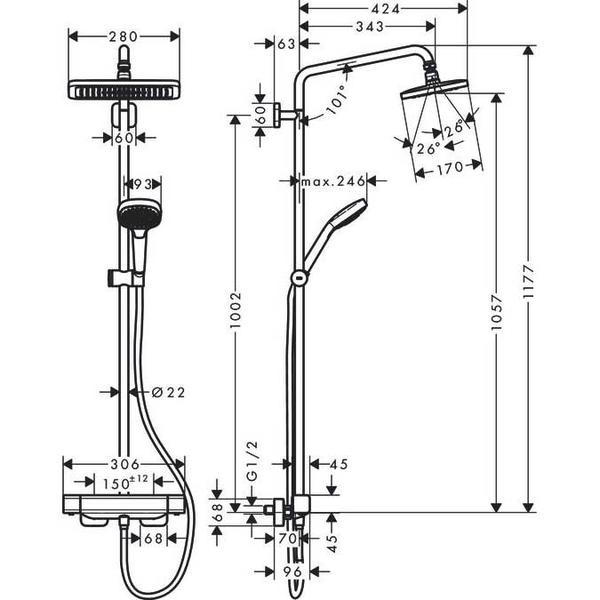 Душевая стойка HANSGROHE Croma E 280 1jet Showerpipe 27630000 с термостатом