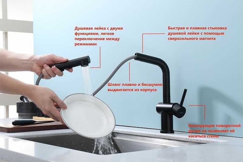 Смеситель для кухни Raglo R86.49.06 с выдвижным изливом чёрный