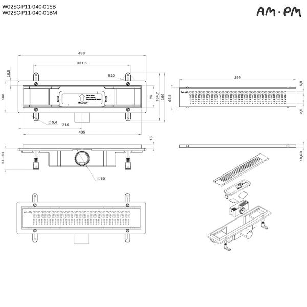 Душевой лоток AM.PM PrimeFlow 40 W02SC-P11-040-01BM с Черной матовой решеткой Cut Gradient