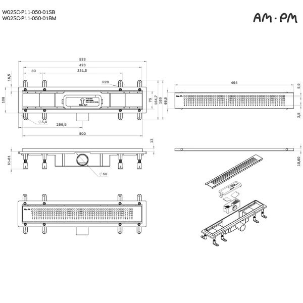 Душевой лоток AM.PM PrimeFlow 50 W02SC-P11-050-01SB с решеткой Хром матовый Cut Gradient