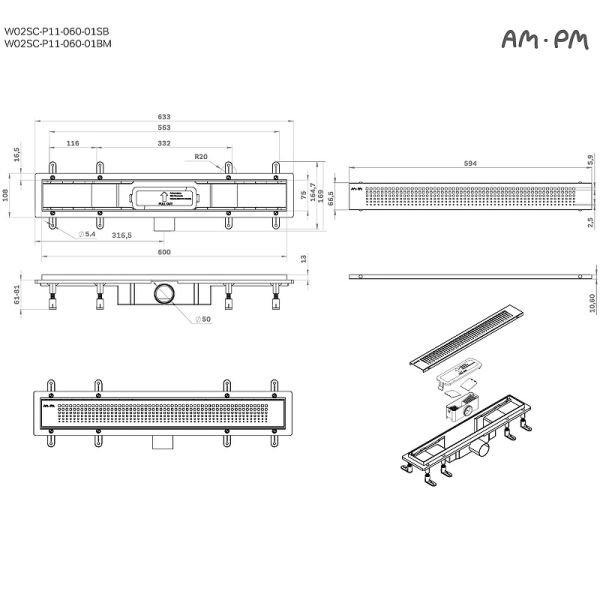 Душевой лоток AM.PM PrimeFlow 60 W02SC-P11-060-01BM с Черной матовой решеткой Cut Gradient Душевой лоток AM.PM PrimeFlow 60 W02SC-P11-060-01BM с Черной матовой решеткой Cut Gradient