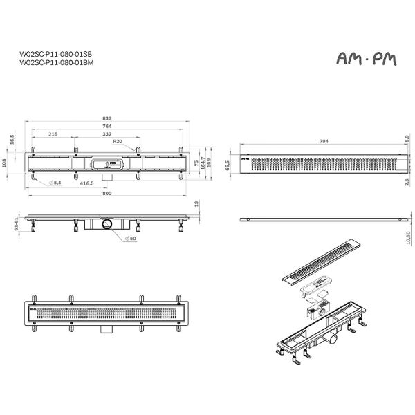 Душевой лоток AM.PM PrimeFlow 80 W02SC-P11-080-01BM с Черной матовой решеткой Cut Gradient Душевой лоток AM.PM PrimeFlow 80 W02SC-P11-080-01BM с Черной матовой решеткой Cut Gradient