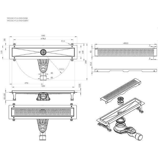 Душевой лоток AM.PM MasterFlow 50 W01SC-P11-050-01SB с решеткой Хром матовый Cut Gradient