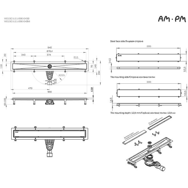 Душевой лоток AM.PM MasterFlow 90 W01SC-U11-090-04BM с Черной матовой решеткой / под плитку Tile