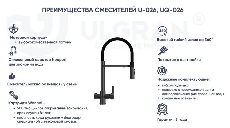 Смеситель для кухни Ulgran Classic U-026 хром с высоким гибким изливом