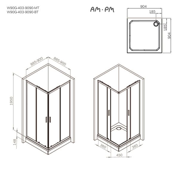 Душевой уголок Am.Pm Gem W90G-403-9090BT 90x90 см без поддона чёрный матовый