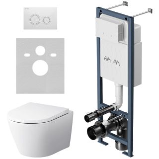 Комплект унитаза с инсталляцией AM.PM Sense FlashClean IS110101.741701 с сиденьем Микролифт и Белой глянцевой клавишей смыва Комплект унитаза с инсталляцией AM.PM Sense FlashClean IS110101.741701 с сиденьем Микролифт и Белой глянцевой клавишей смыва