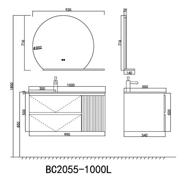 Тумба с раковиной Orans BC-2055-1000L 2055100L 100 см тёмно-серый матовый