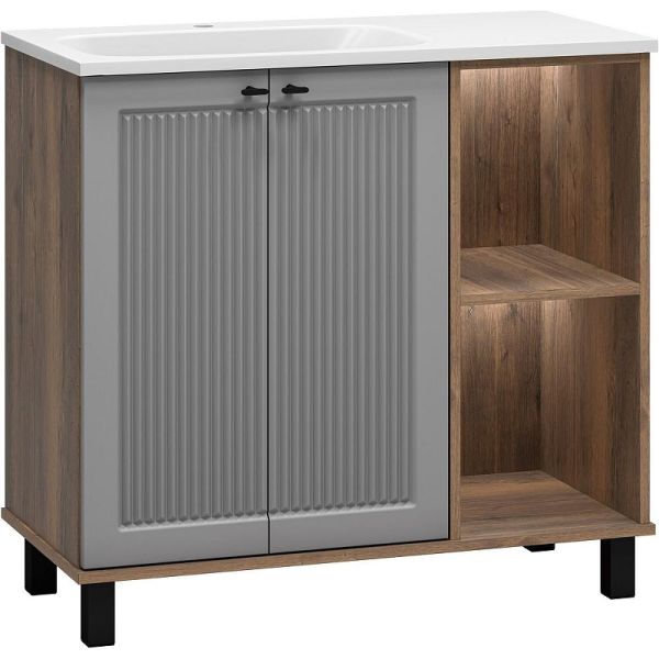 Напольная тумба под раковину Brevita Lumus 90 L УТ000025489 Серая матовая Дуб Галифакс олово