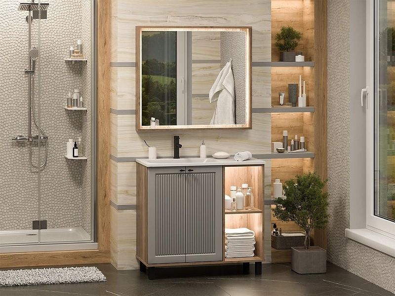 Напольная тумба под раковину Brevita Lumus 90 L УТ000025489 Серая матовая Дуб Галифакс олово