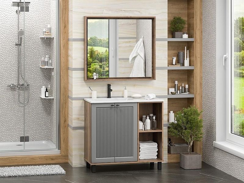 Напольная тумба под раковину Brevita Lumus 90 L УТ000025489 Серая матовая Дуб Галифакс олово