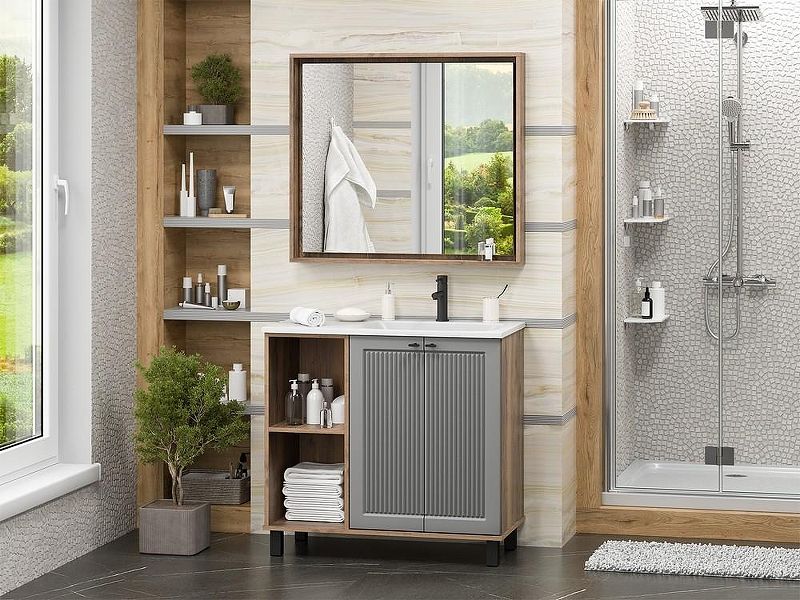 Напольная тумба под раковину Brevita Lumus 90 R УТ000025490 Серая матовая Дуб Галифакс олово