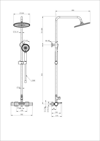 Душевая стойка Wonzon & Woghand Plate WW-C3017-A-MB с термостатом чёрный матовый