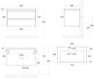 Подвесная тумба под раковину Art&Max Family 90см цемент Family-900-2C-SO-CV
