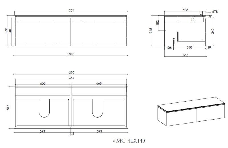 База под раковину Vincea Luxe 1400 подвесная, 2 выкатных ящика soft close, шпон натуральный орех База под раковину Vincea Luxe 1400 подвесная, 2 выкатных ящика soft close, шпон натуральный орех