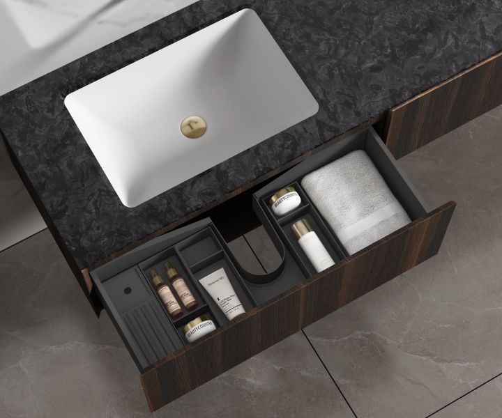 База под раковину Vincea Luxe 1400 подвесная, 2 выкатных ящика soft close, шпон натуральный орех База под раковину Vincea Luxe 1400 подвесная, 2 выкатных ящика soft close, шпон натуральный орех