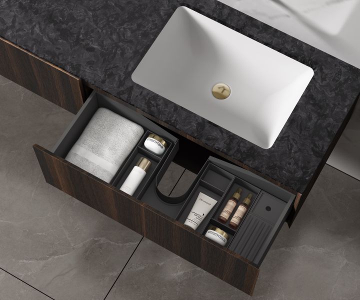 База под раковину Vincea Luxe 1400 подвесная, 2 выкатных ящика soft close, шпон натуральный орех База под раковину Vincea Luxe 1400 подвесная, 2 выкатных ящика soft close, шпон натуральный орех