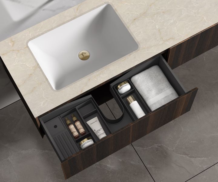 База под раковину Vincea Luxe 1400 подвесная, 2 выкатных ящика soft close, шпон натуральный орех База под раковину Vincea Luxe 1400 подвесная, 2 выкатных ящика soft close, шпон натуральный орех