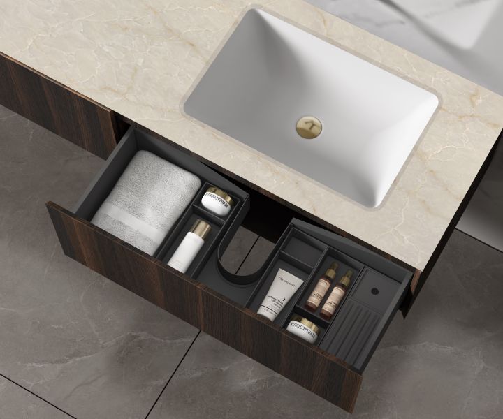 База под раковину Vincea Luxe 1400 подвесная, 2 выкатных ящика soft close, шпон натуральный орех База под раковину Vincea Luxe 1400 подвесная, 2 выкатных ящика soft close, шпон натуральный орех