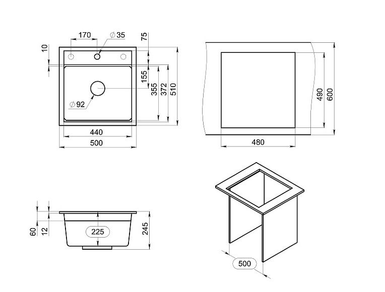 Мойка кухонная Granula Kitchen Space 5002, АЛЮМИНИУМ
