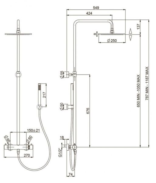 Душевая стойка Paini Cox 78PZ689TH с термостатом чёрный матовый