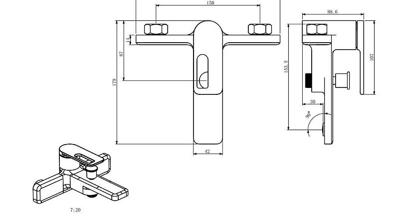 Смеситель для ванны и душа Black&White Gravity 9101GM оружейная сталь