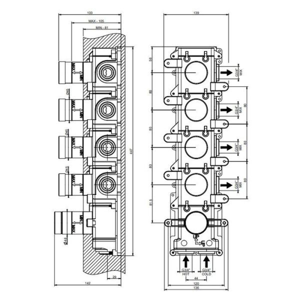 Скрытая часть для термостатического смесителя с четырьмя независимыми позициями Gessi Universale 09268.031