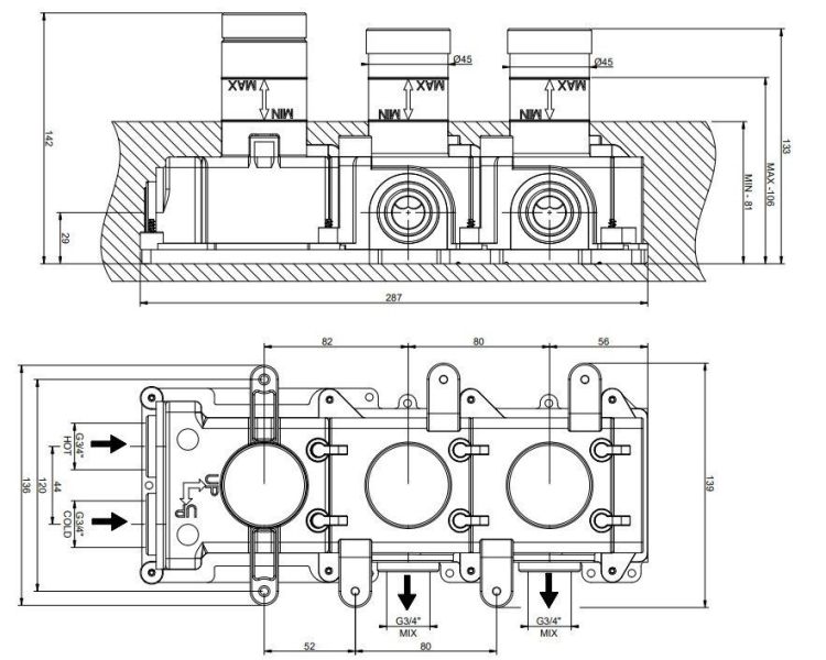 Скрытая часть для термостатического смесителя с двумя независимыми позициями Gessi Universale 09264.031