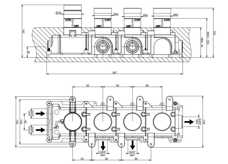 Скрытая часть для термостатического смесителя с тремя независимыми позициями Gessi Universale 09266.031