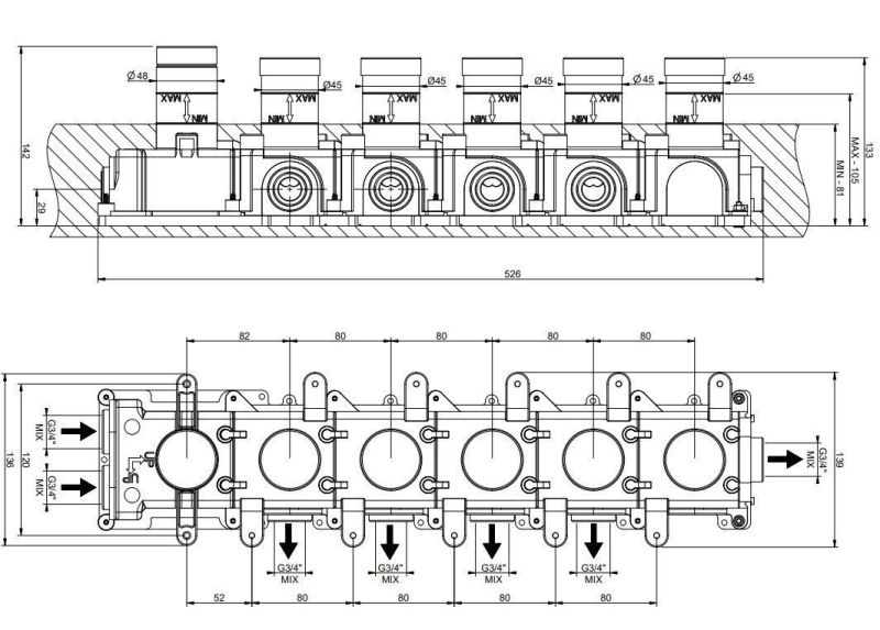 Скрытая часть для термостатического смесителя с пятью независимыми позициями Gessi Universale 09269.031