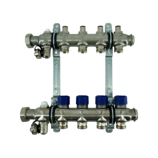 Коллекторная группа, ELSEN, 1, 4 контура, размер отвода-3/4, PN, бар-4, T°C -от 0 до +70, EMi02.04, с вентилями, нержавеющая сталь