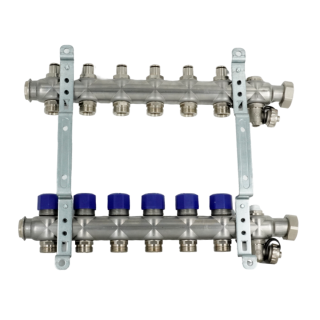 Коллекторная группа, ELSEN, 1, 6 контуров, размер отвода-3/4, PN, бар-4, T°C -от 0 до +70, EMi02.06, с вентилями, нержавеющая сталь