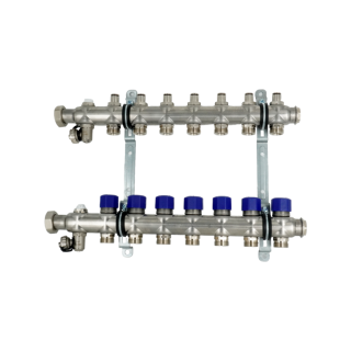 Коллекторная группа, ELSEN, 1, 7 контуров, размер отвода-3/4, PN, бар-4, T°C -от 0 до +70, EMi02.07, с вентилями, нержавеющая сталь