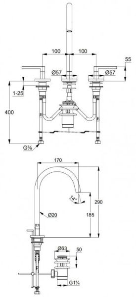 Смеситель для раковины Kludi Nova Fonte Puristic на три отверстия чёрный матовый 201433915