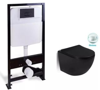 Комплект SantiLine SL-5018MB+SL-03 безободковый чёрный матовый унитаз с сиденьем микролифт и инсталляция с клавишей смыва чёрный матовый Комплект SantiLine SL-5018MB+SL-03 безободковый чёрный матовый унитаз с сиденьем микролифт и инсталляция с клавишей смыва чёрный матовый