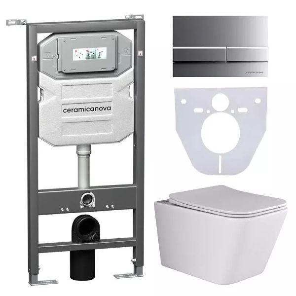 Комплект с инсталляцией Ceramica Nova CN3007_1002M_1000 унитаз Metric CN3007 крышка-сиденье с микролифтом и инсталляция Envision CN1002M с кнопкой смыва хром матовый Flat